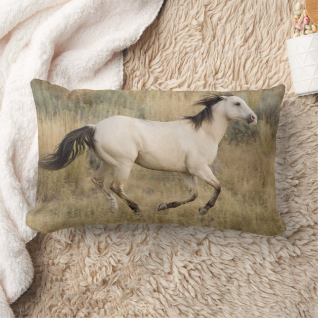 Horse Running Through Prairie Grass Lumbar Cushion (Blanket)