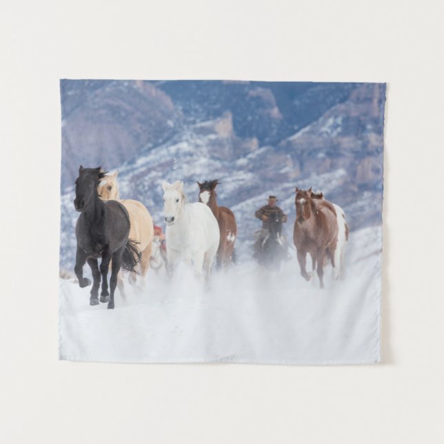 Horse Running Through the Snow Tapestry (Front (Horizontal))
