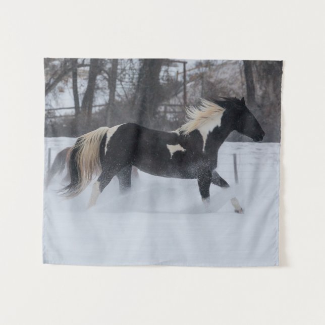 Horse Running Through the Snow Tapestry (Front (Horizontal))