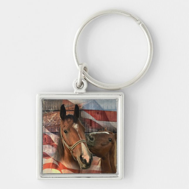 Horse Rustic Barn American Flag Key Ring (Front)