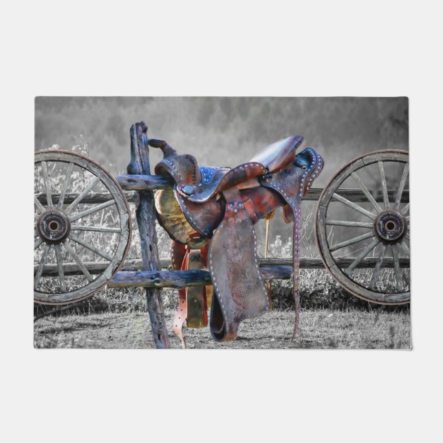 Horse Saddle Corral Fence Western Wagon Wheels  Doormat (Front)