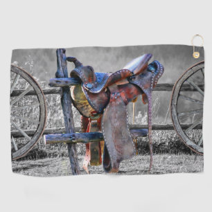 Horse Saddle Corral Fence Western Wagon Wheels Golf Towel