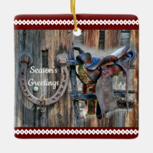 Horse Saddle Horse Shoe Corral Fence Western Ceramic Ornament
