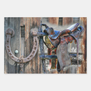 Horse Saddle Horseshoe Rustic Western Wrapping Paper Sheet