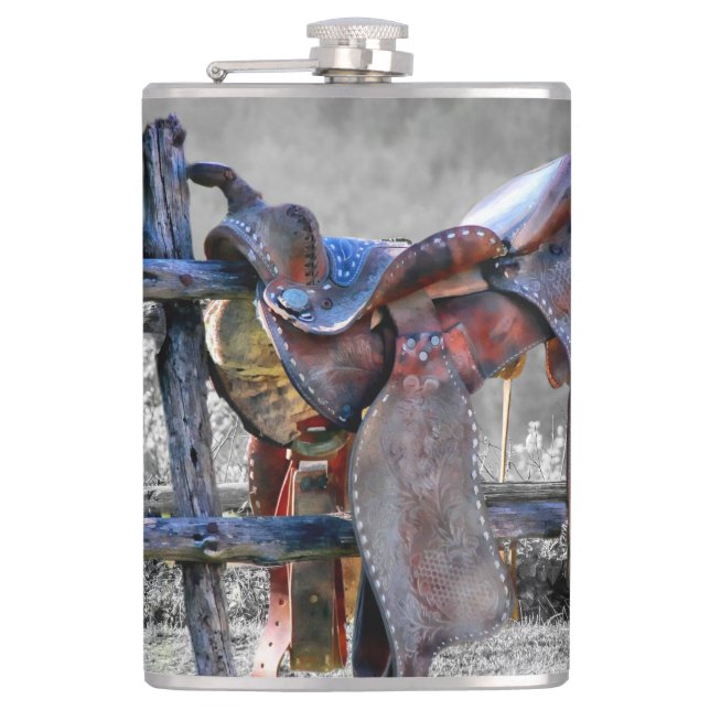 Horse Saddle On Corral Fence Western Flask (Front)