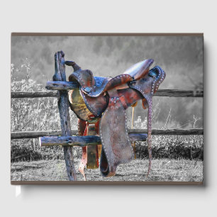 Horse Saddle On Corral Fence Western Guest Book
