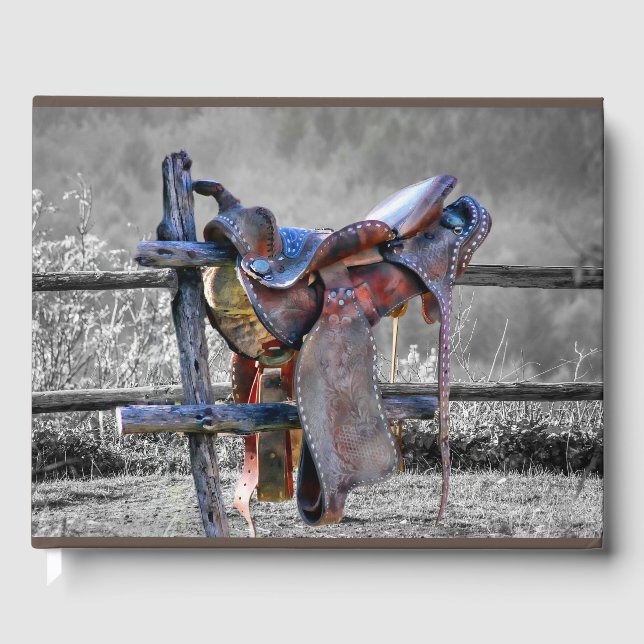 Horse Saddle On Corral Fence Western Guest Book (Front)