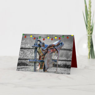 Horse Saddle On Corral Fence Western Holiday Card