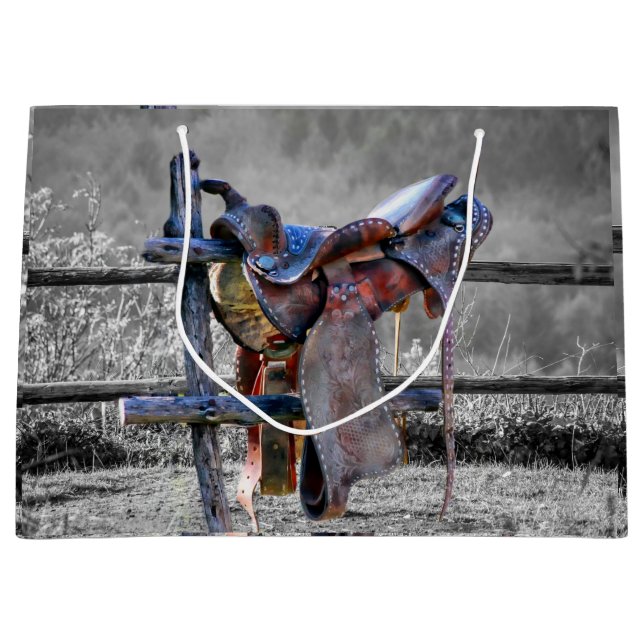 Horse Saddle On Corral Fence Western Large Gift Bag (Front)