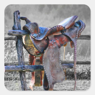 Horse Saddle On Corral Fence Western Square Sticker