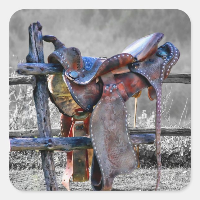 Horse Saddle On Corral Fence Western Square Sticker (Front)