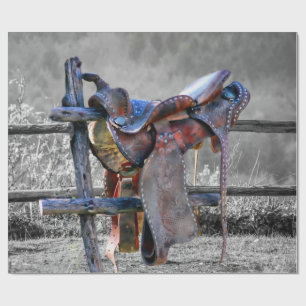 Horse Saddle On Corral Fence Western Wrapping Paper