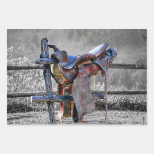 Horse Saddle On Corral Fence Western Wrapping Paper Sheet
