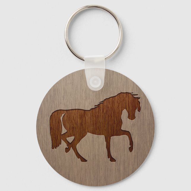 Horse silhouette engraved on wood effect key ring (Front)