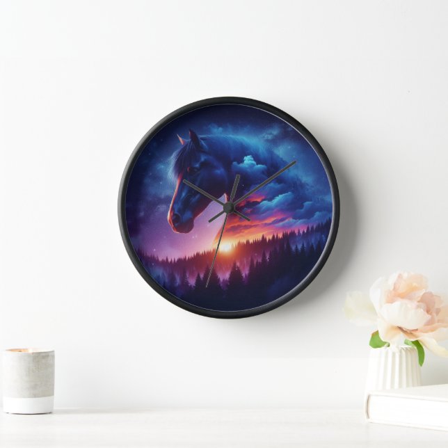 Horse Silhouette in a Sunset Forest Landscape Clock (Home)
