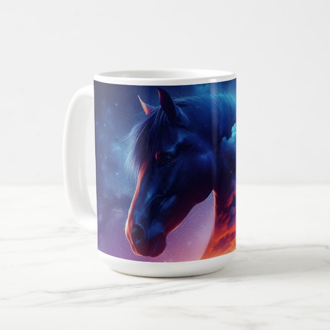 Horse Silhouette in a Sunset Forest Landscape Coffee Mug (Front Left)