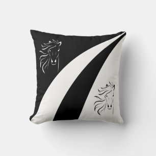 Horse silhouette on abstract black & white waves cushion