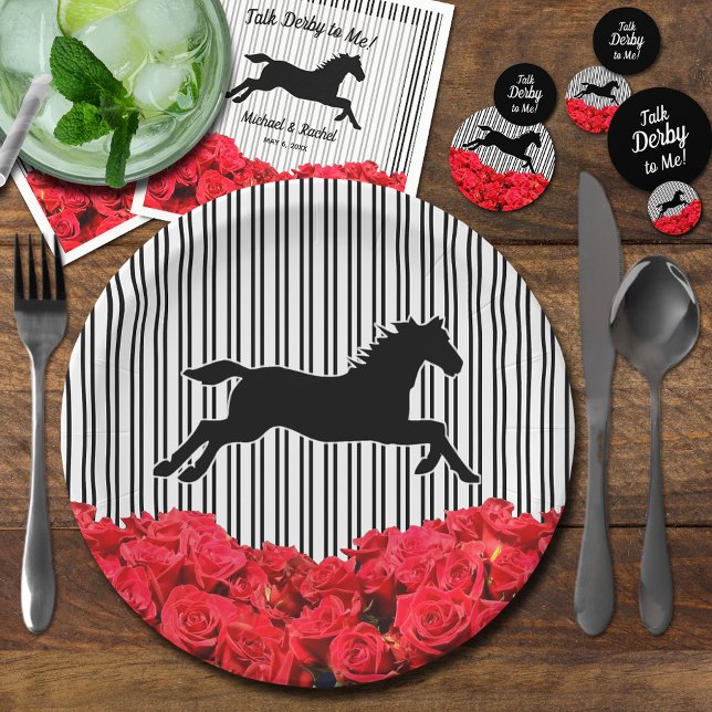 Horse Silhouette Red Roses Black Stripes Derby Paper Plate (Derby plates, napkins and confetti dots all sold separately in our collection.)