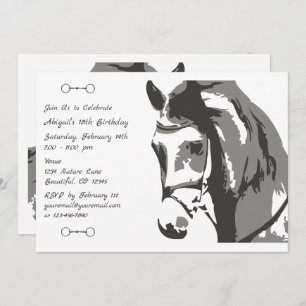 Horse Sketch and Snaffle Bit, Grey Birthday Invitation