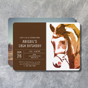 Horse Sketch Modern Brown White Photo Birthday Invitation