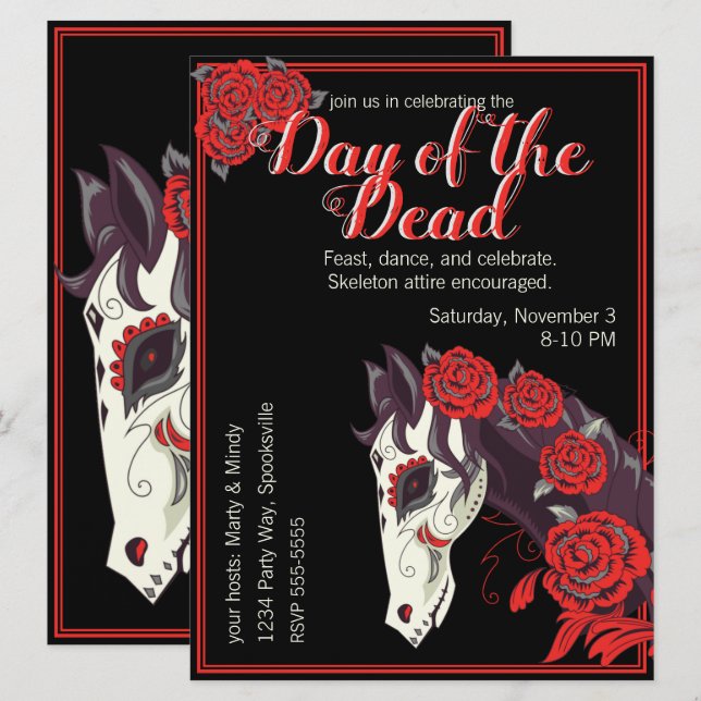 Horse Skull with Red Roses Dias de los Muertos Invitation (Front/Back)