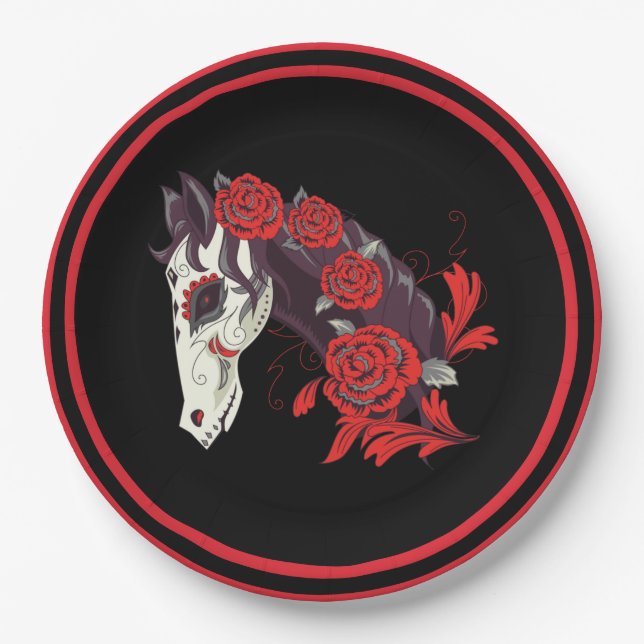 Horse Skull with Red Roses Dias de los Muertos Paper Plate (Front)