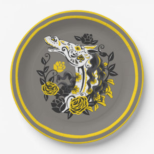 Horse Skull with Yellow Roses Dia de los Muertos Paper Plate