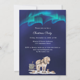 Horse Sleigh Blue Northern Lights Christmas Party Invitation