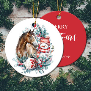 Horse snowman Christmas watercolor elegant Ceramic Tree Decoration