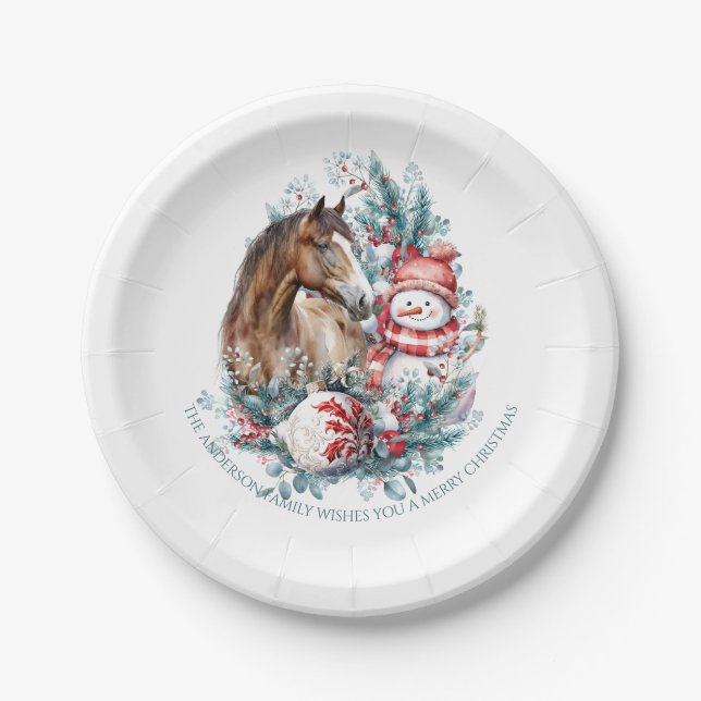 Horse snowman Christmas watercolor elegant Paper Plate (Front)