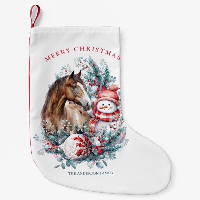 Horse snowman Christmas watercolor elegant Small Christmas Stocking (Front)
