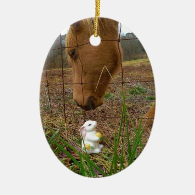 horse & Spring flower Bunny Ceramic Tree Decoration (Front)