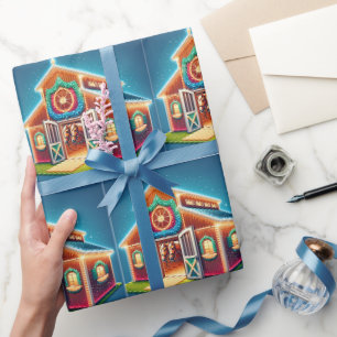 Horse Stable Decorated For Christmas And Horses Wrapping Paper