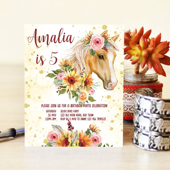 Horse sunflowers birthday party budget invitation (Creator Uploaded)