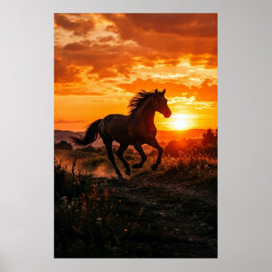 Horse Sunset Poster   Running Black Horse Wall Art