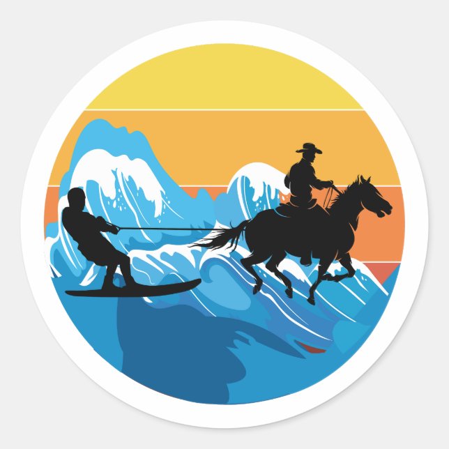 Horse Surfing Wakeboarding Water Skiing Retro Classic Round Sticker (Front)