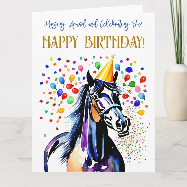 Horse themed birthday party funny elegant card (Front)