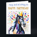 Horse themed birthday party funny elegant card<br><div class="desc">Horse themed birthday party elegant happy birthday greeting card,  a horse in a party hat balloons and colourful confetti around</div>
