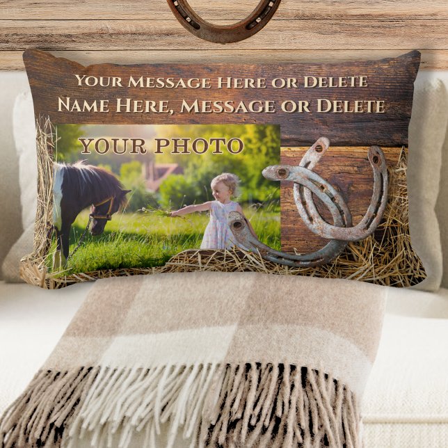 Horse Throw Pillow, Rustic Personalised, Horseshoe Lumbar Cushion (Photo and Personalized, Horse Throw Pillow. Horseshoe Lumbar Pillow. Great, Horse Remembrance Gifts.)