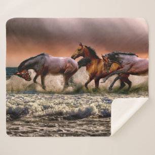 Horse Trio Running In Ocean Surf at Sunset Sherpa Blanket
