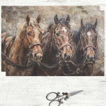 Horse Trio Rustic Western Decoupage Tissue Paper<br><div class="desc">Immerse yourself in the rugged beauty of the Wild West with this captivating decoupage tissue paper featuring a trio of horses in a rustic oil painting style. Each sheet depicts the timeless scene of a pulling team, their powerful forms exuding strength and unity. Elevate your crafting projects with the dynamic...</div>