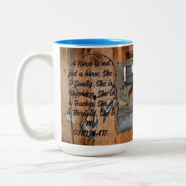 Horse Two-Tone Mug with feathers, 15 oz (Left)