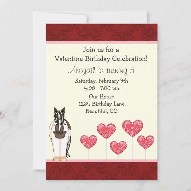 Horse Valentine Birthday Invitation for Girls (Front)
