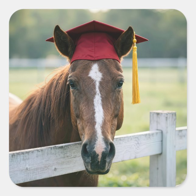 Horse Wearing a Red Graduation Cap Square Sticker (Front)