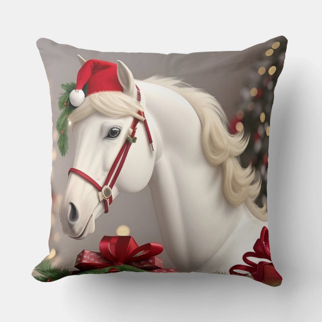 Horse Wearing Festive Santa Hat Cushion (Front)