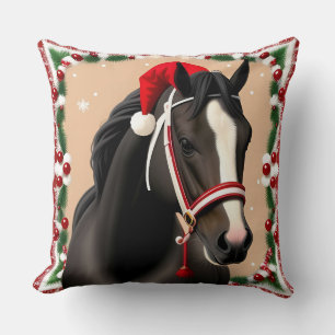 Horse Wearing Festive Santa Hat in Christmas Cushion