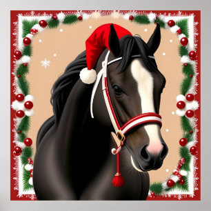 Horse Wearing Festive Santa Hat in Christmas Poster