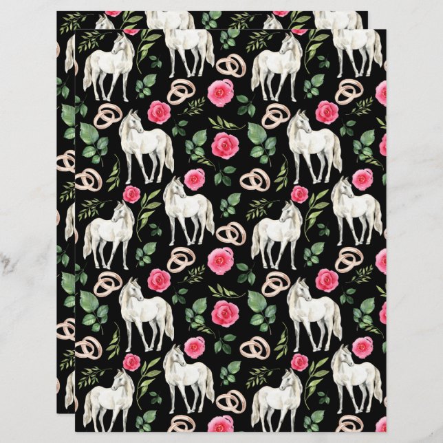 Horse Wedding Scrapbook Paper in Black (Front/Back)