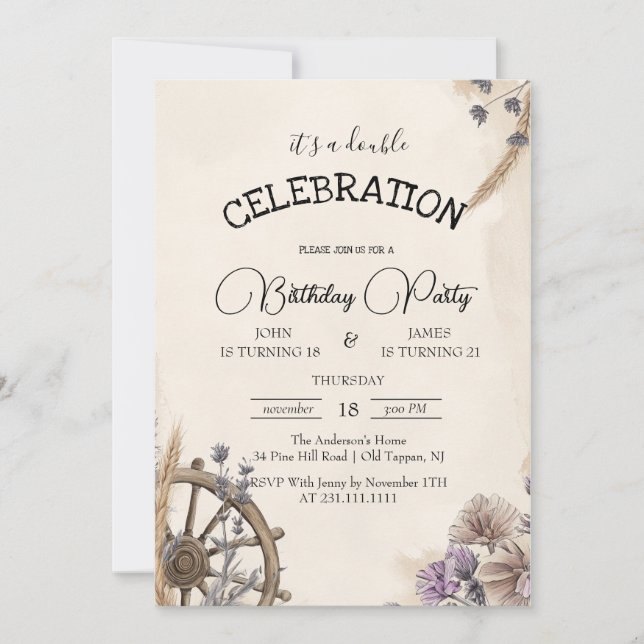 Horse Wheel Floral Double Kids Birthday Party Invitation (Front)