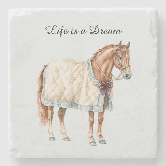 Horse White Blue Blanket Stone Coaster (Front)